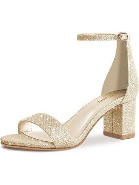 Women's Low Block Chunky Heel Sandals Open Toe Gold Glitter Ankle Strappy Buckle